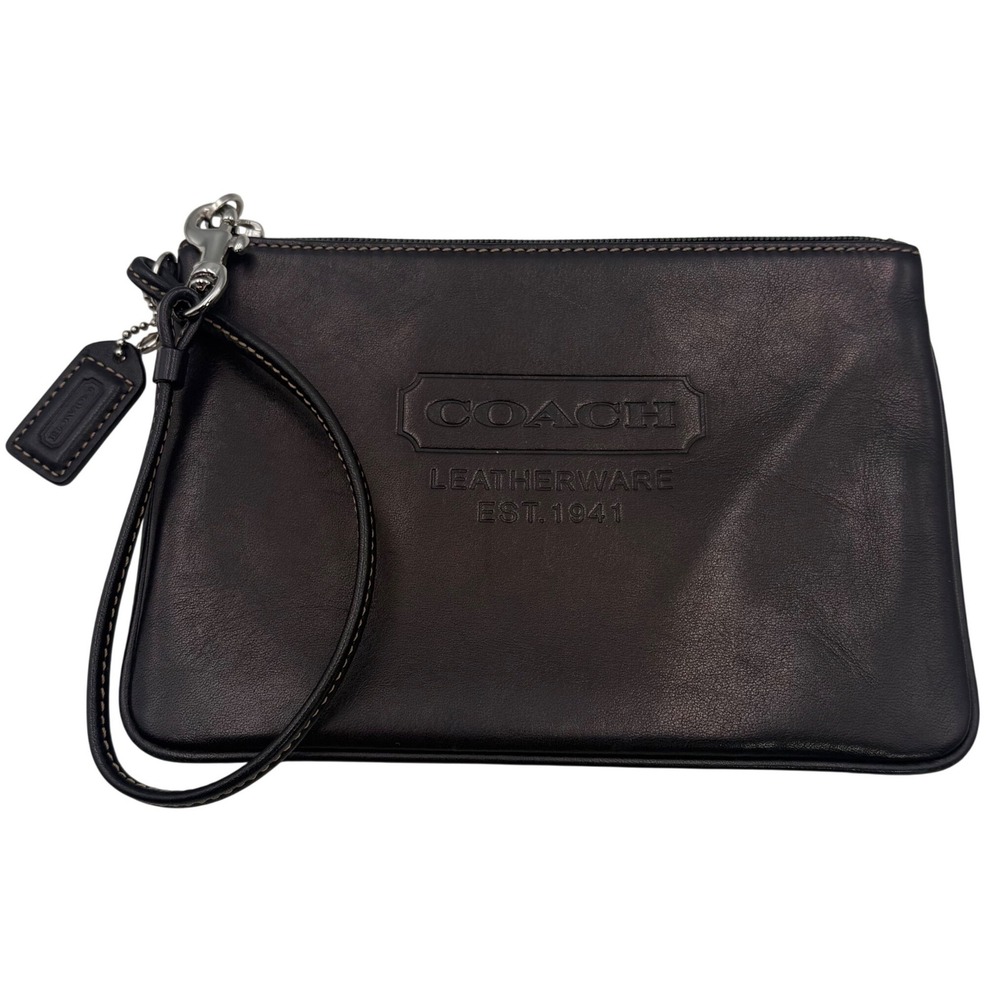 Coach Wristlet‎ Women Small Black Leather Embossed Logo Zip Pouch Clutch